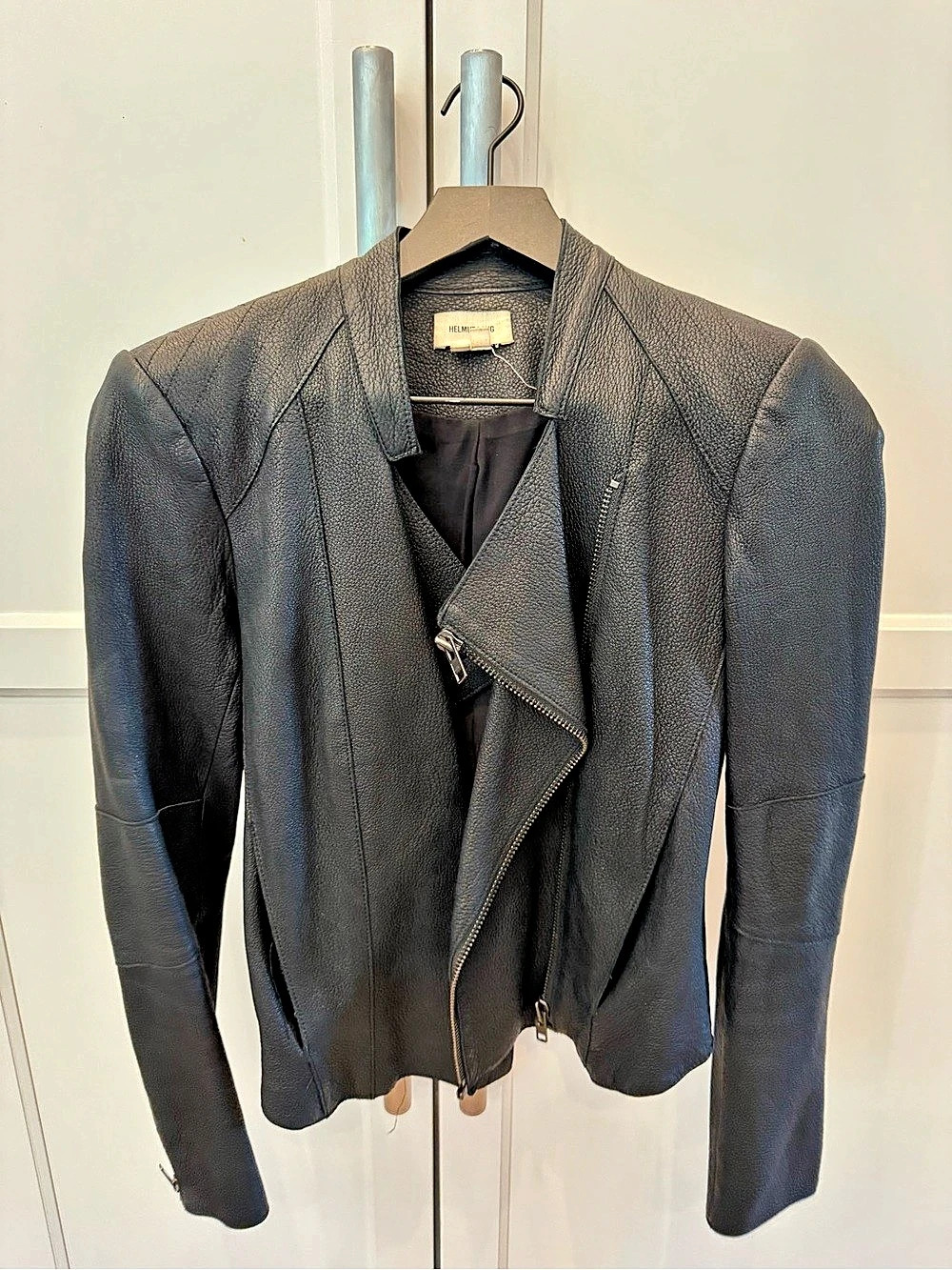 HELMUT LANG Asymmetrical Leather Jacket in Black Size Small